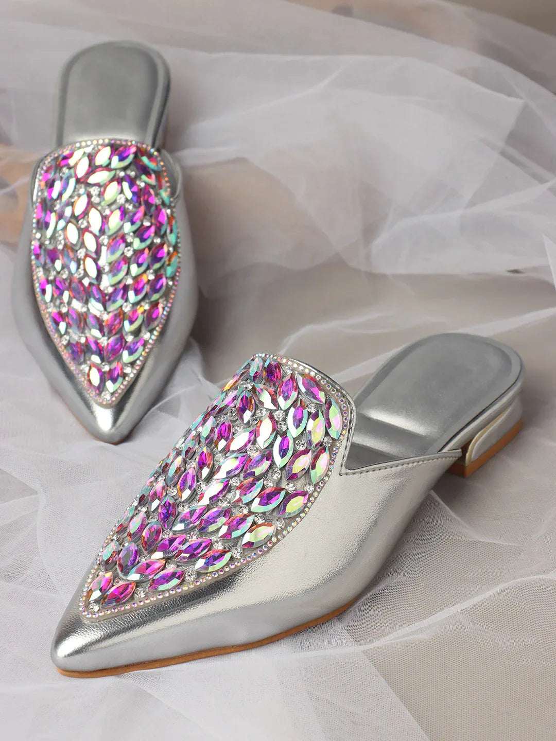 Crystal Embellished Pointed Toe Mule Flats
