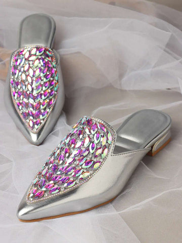 Crystal Embellished Pointed Toe Mule Flats