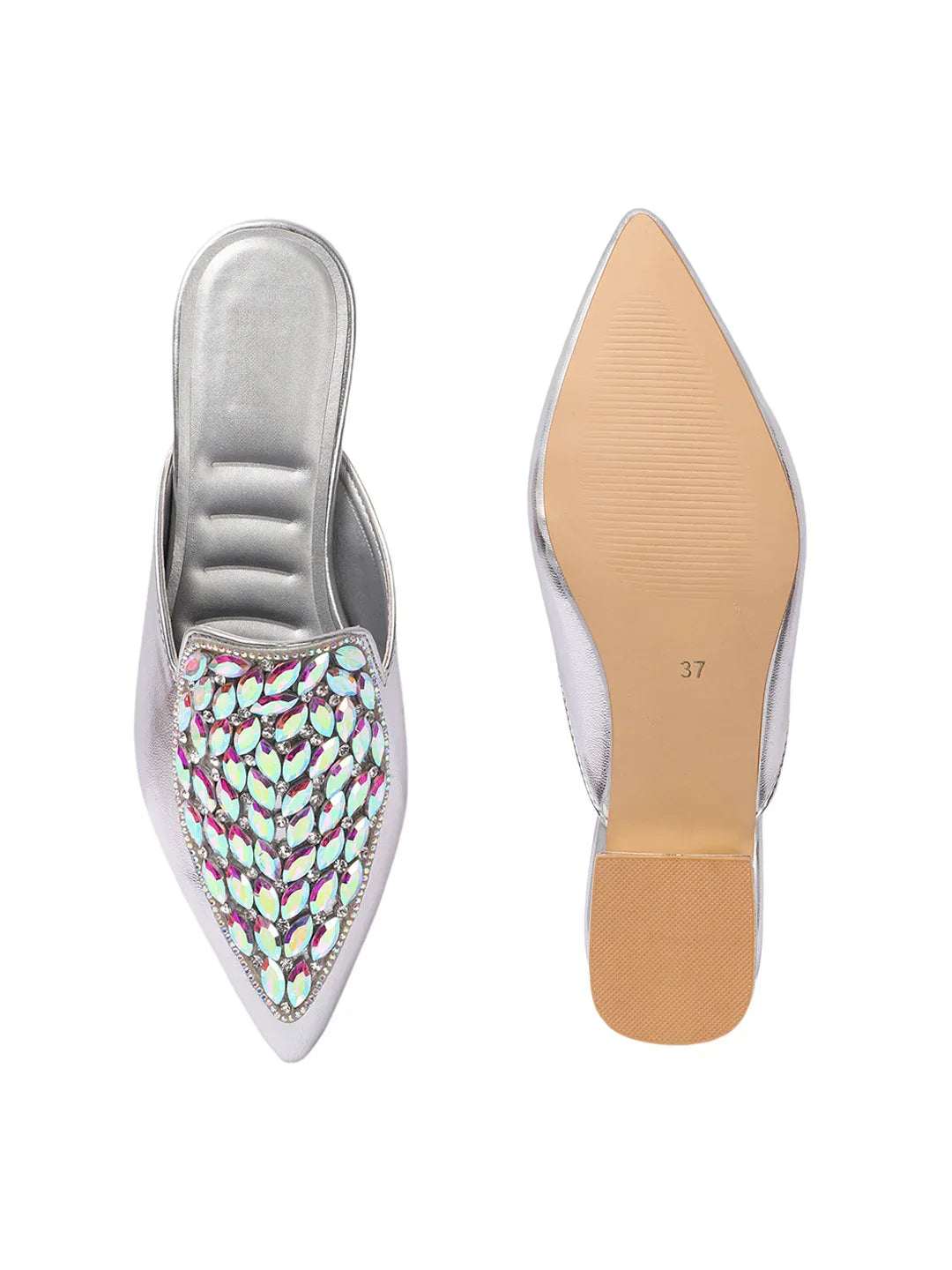 Crystal Embellished Pointed Toe Mule Flats
