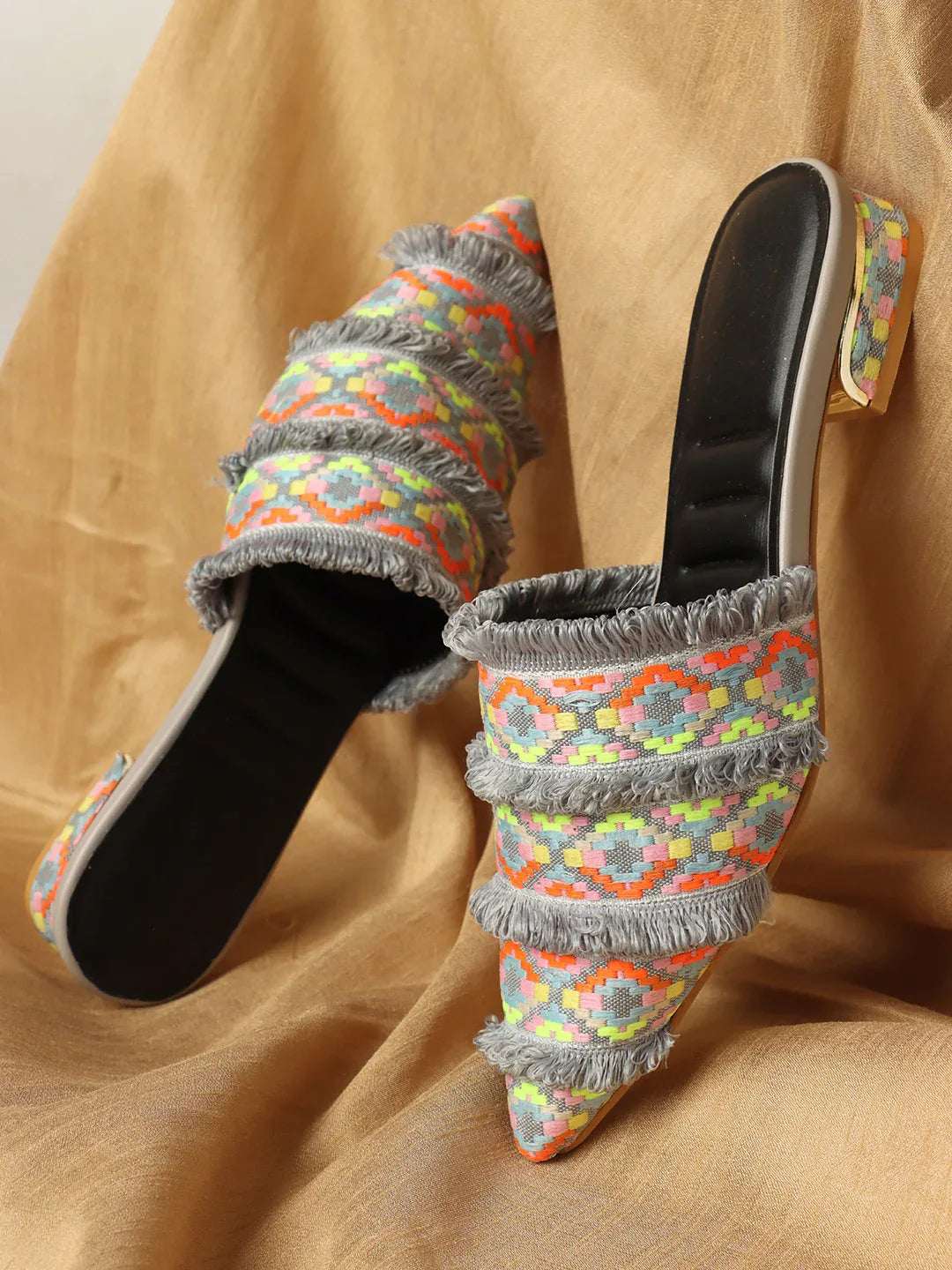 Ethnic Print Pointed Toe Mule with Fringe Accents