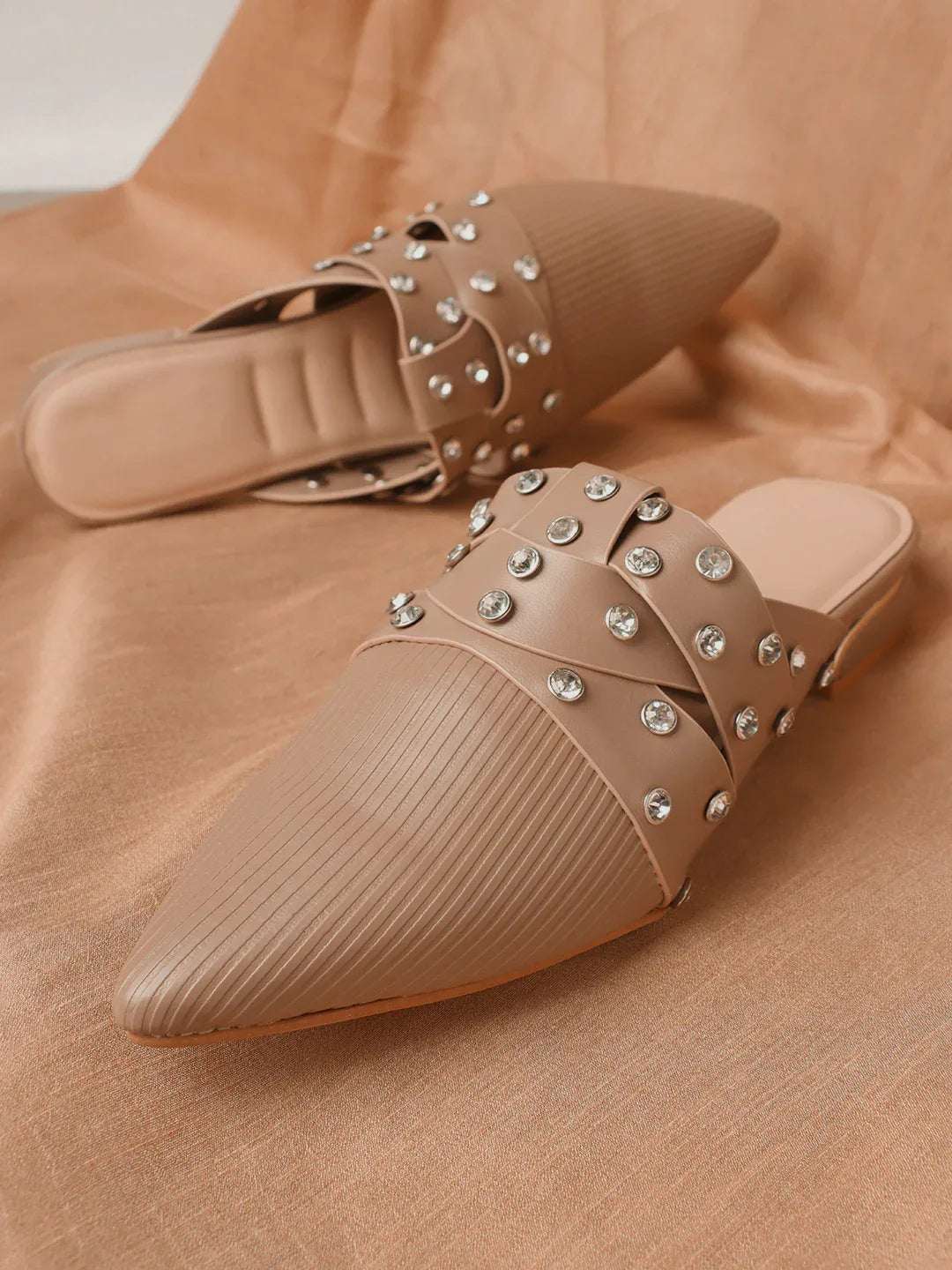 Textured Pointed Toe Studded Slip-On Mules