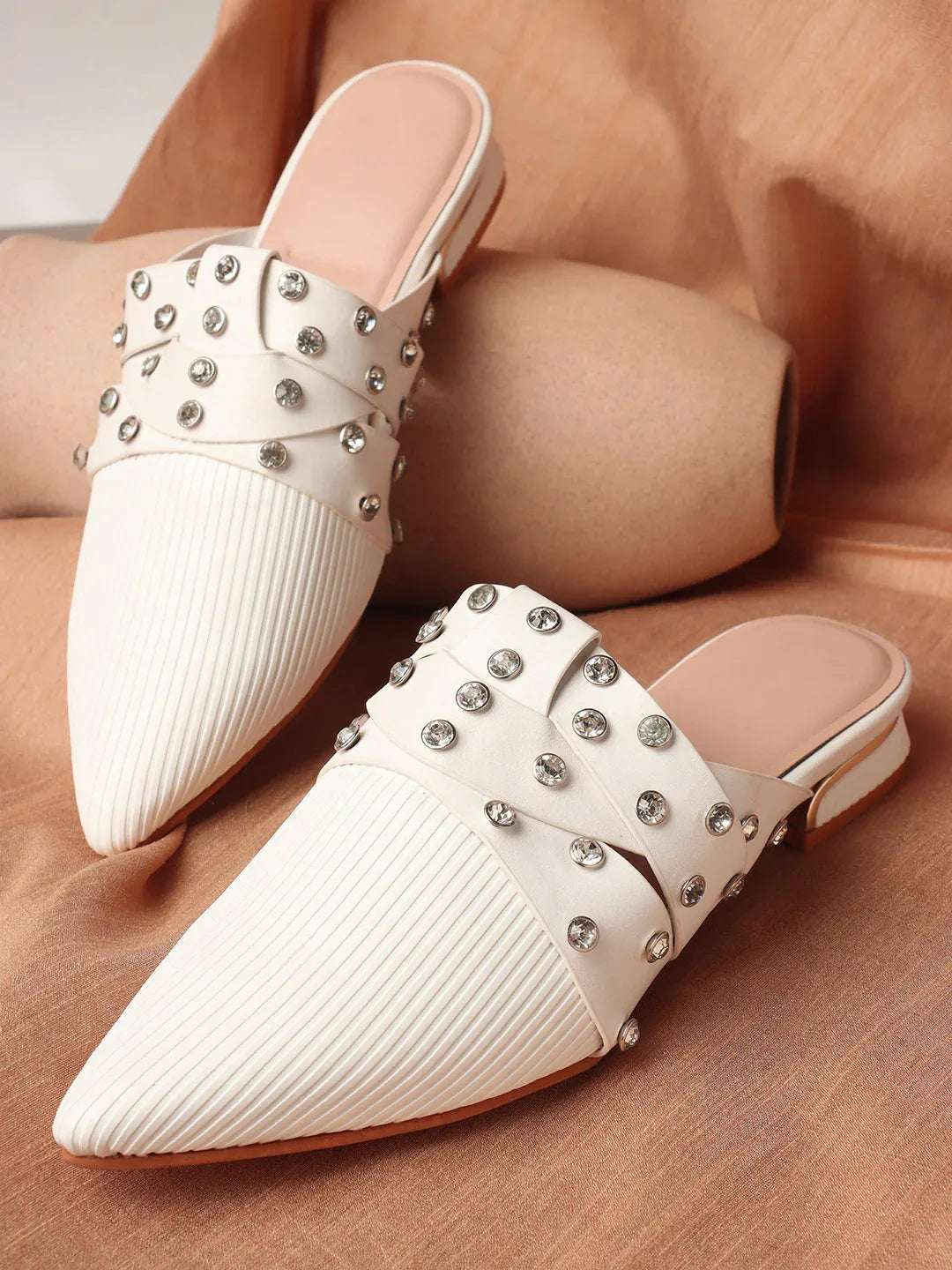 Textured Pointed Toe Studded Slip-On Mules