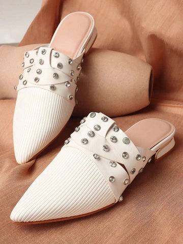 Textured Pointed Toe Studded Slip-On Mules