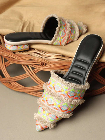 Ethnic Print Pointed Toe Mule with Fringe Accents