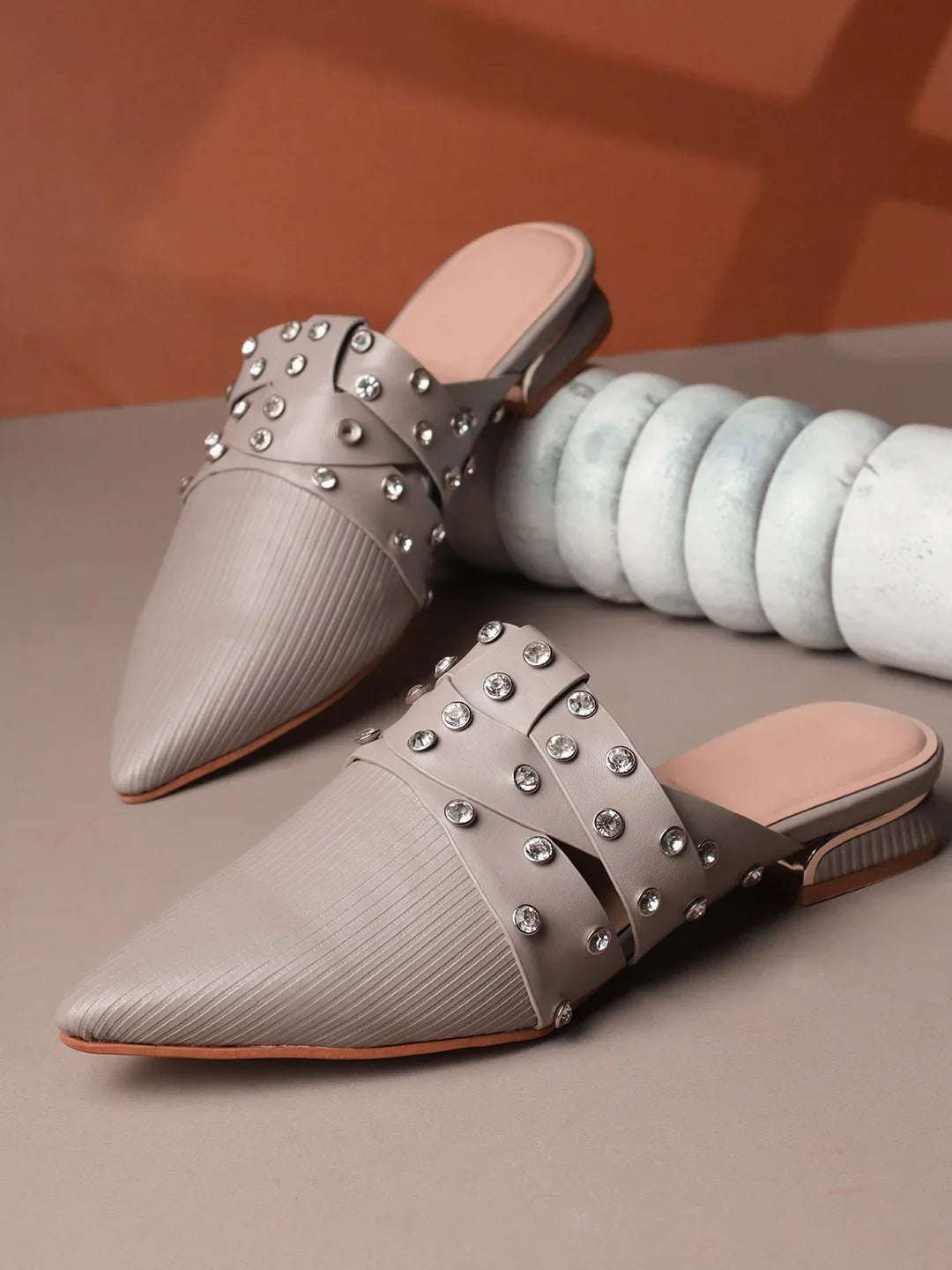 Textured Pointed Toe Studded Slip-On Mules