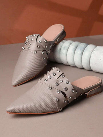 Textured Pointed Toe Studded Slip-On Mules