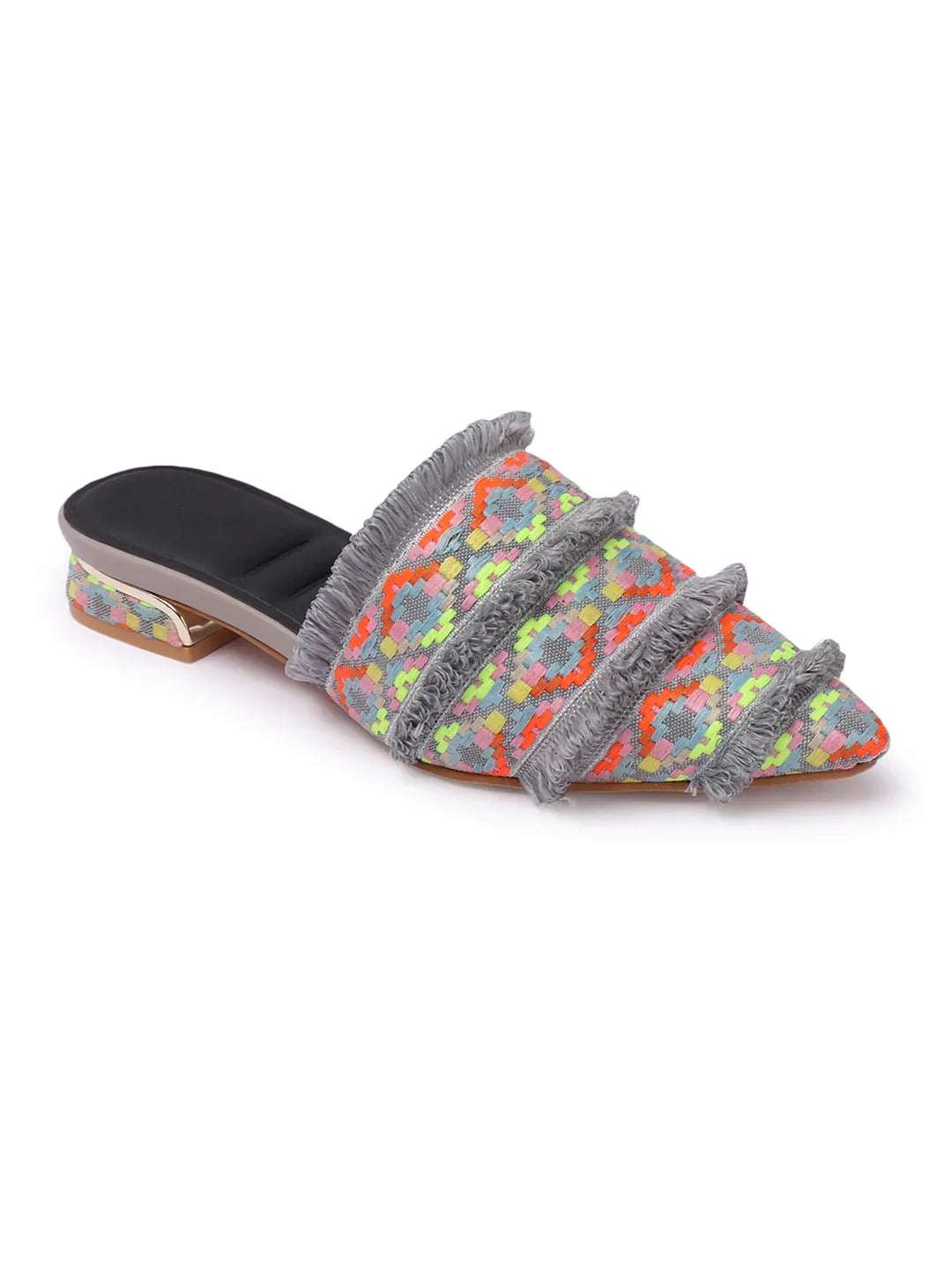 Ethnic Print Pointed Toe Mule with Fringe Accents
