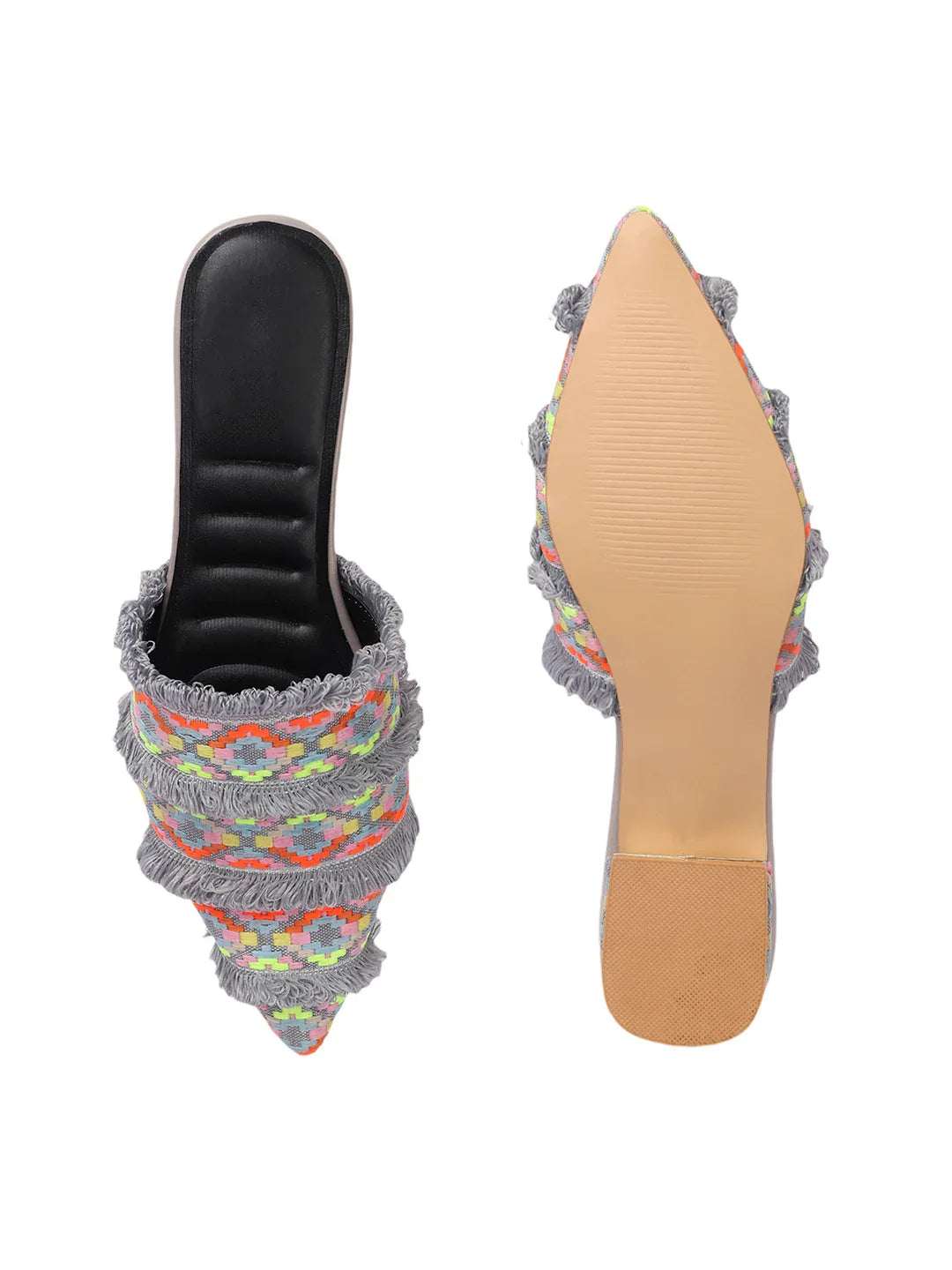 Ethnic Print Pointed Toe Mule with Fringe Accents