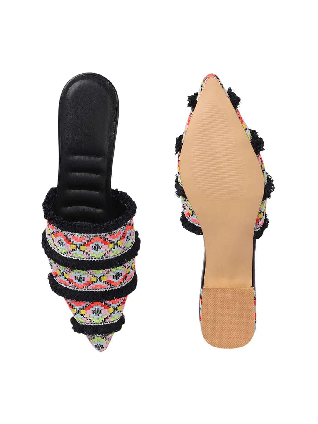Ethnic Print Pointed Toe Mule with Fringe Accents