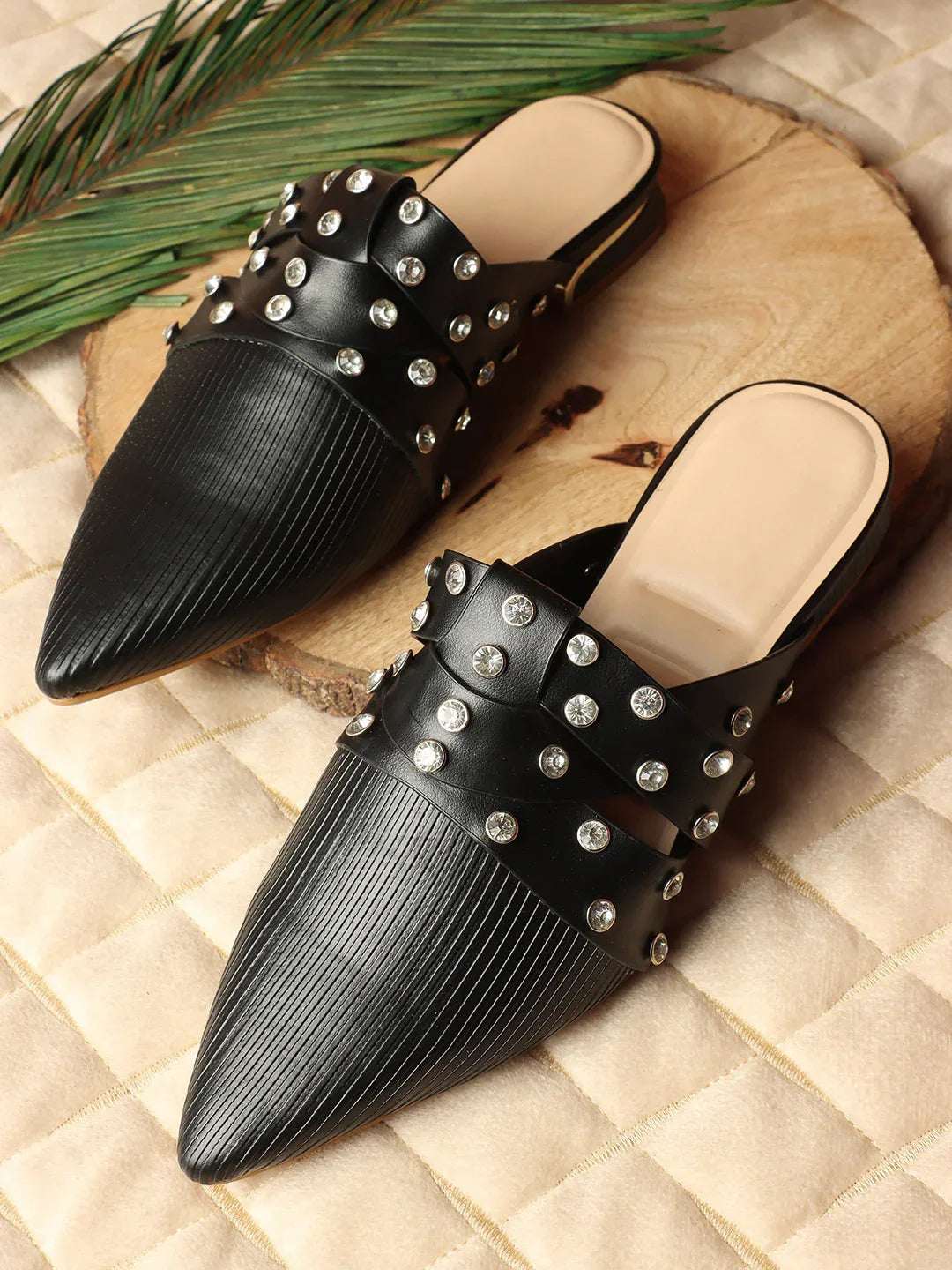 Textured Pointed Toe Studded Slip-On Mules
