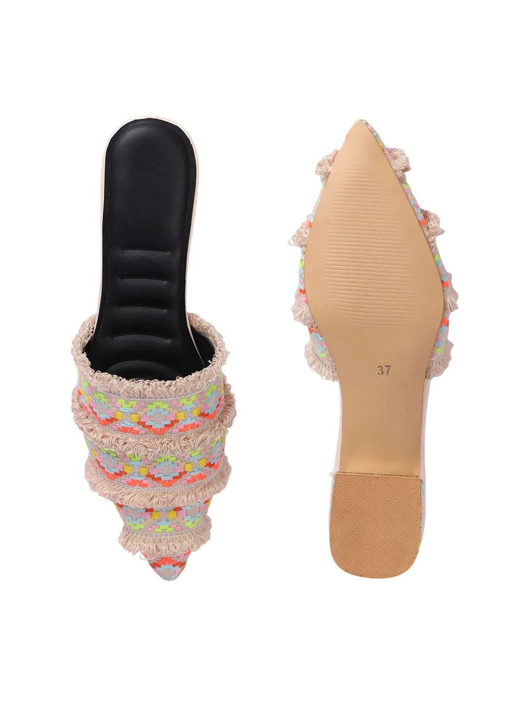 Ethnic Print Pointed Toe Mule with Fringe Accents