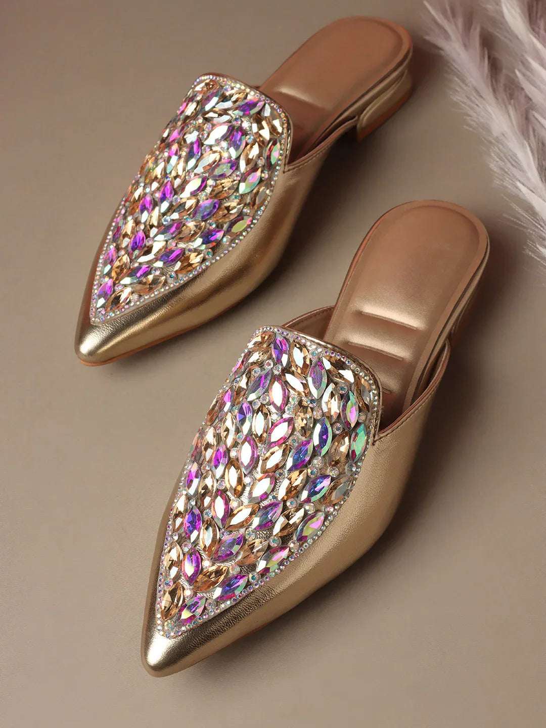Crystal Embellished Pointed Toe Mule Flats