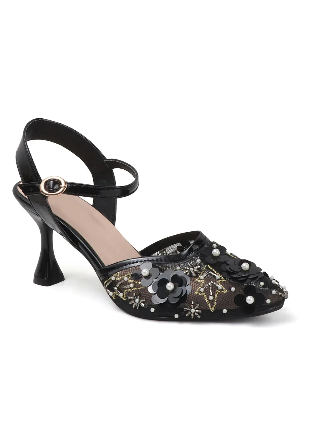 Festive Mesh Embellished Mid Heel Sandals