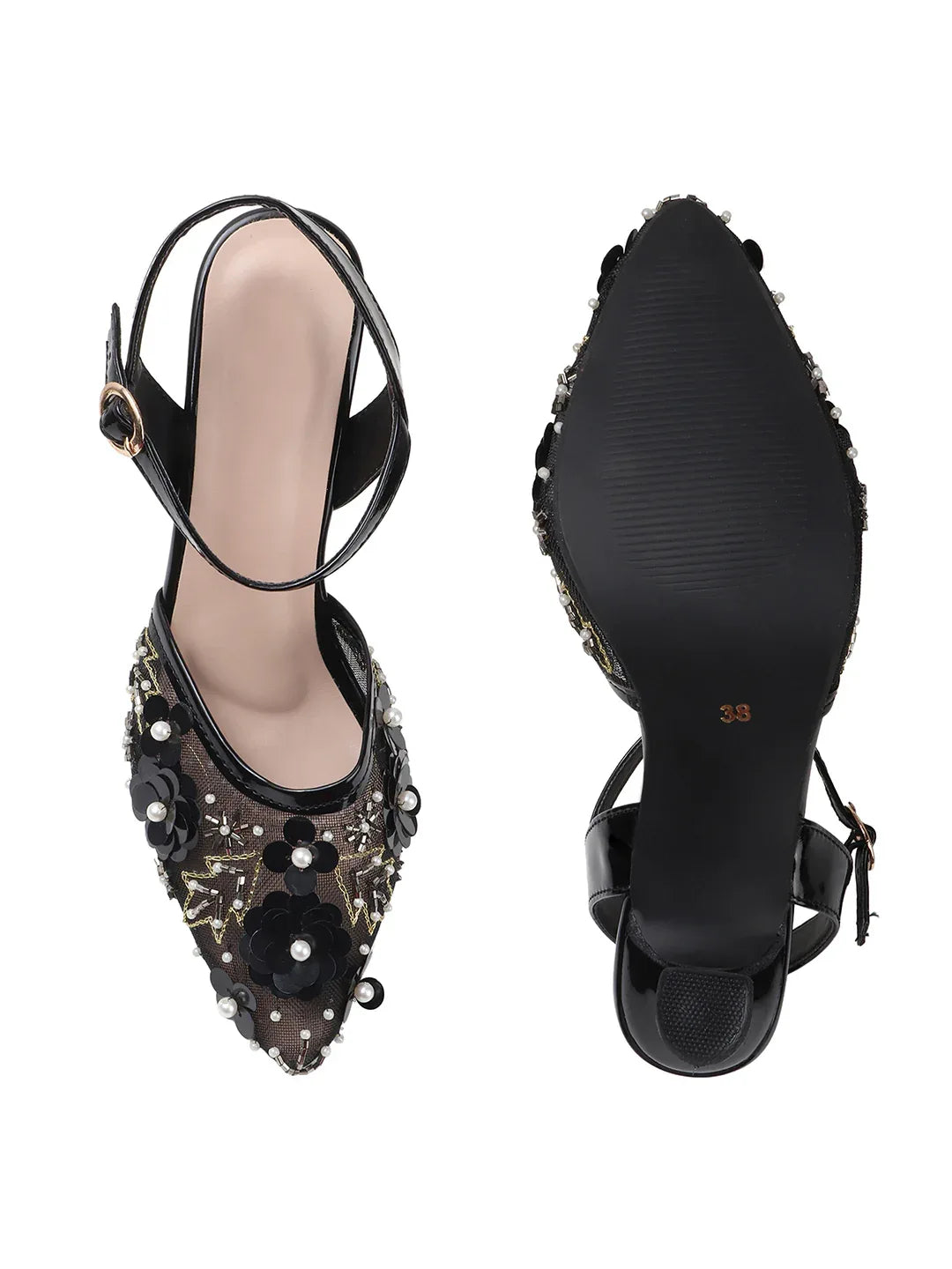 Festive Mesh Embellished Mid Heel Sandals