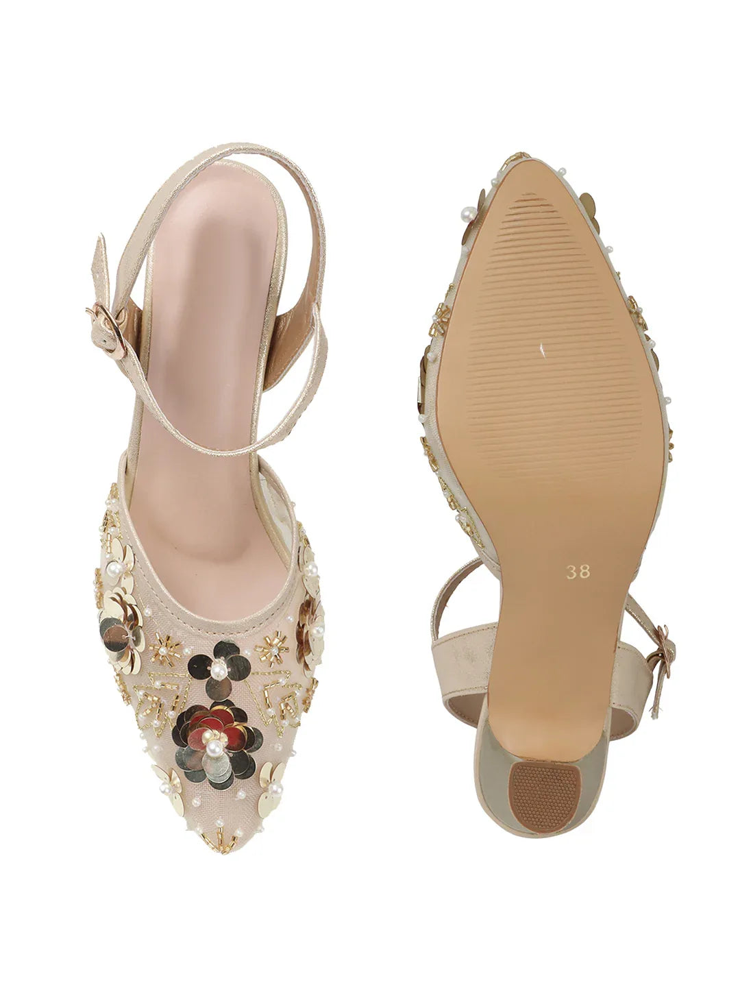 Festive Mesh Embellished Mid Heel Sandals