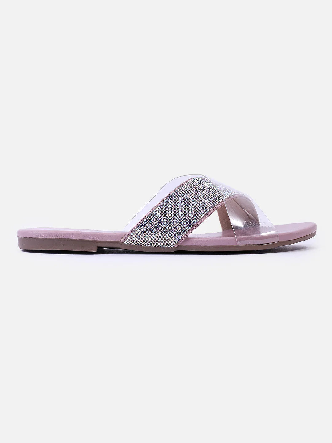 Transparent Strap Sandals Rhinestone Slip-On Flats