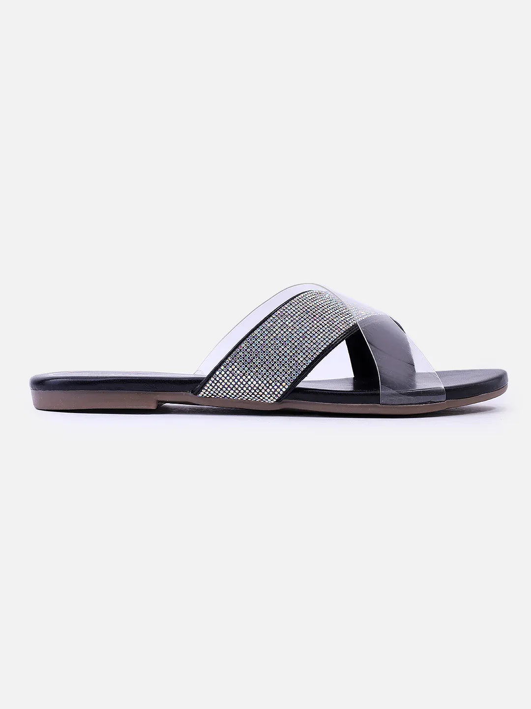 Transparent Strap Sandals Rhinestone Slip-On Flats