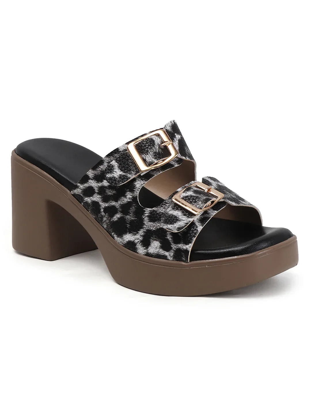 Animal Print Double Buckle Block Heel