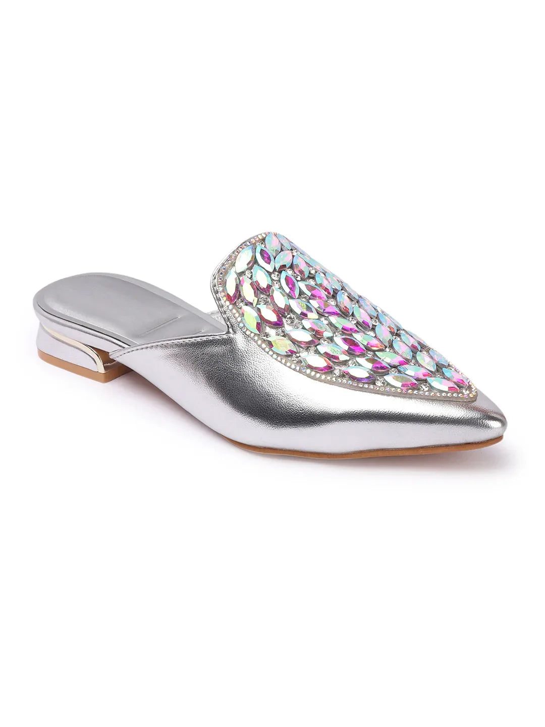Crystal Embellished Pointed Toe Mule Flats
