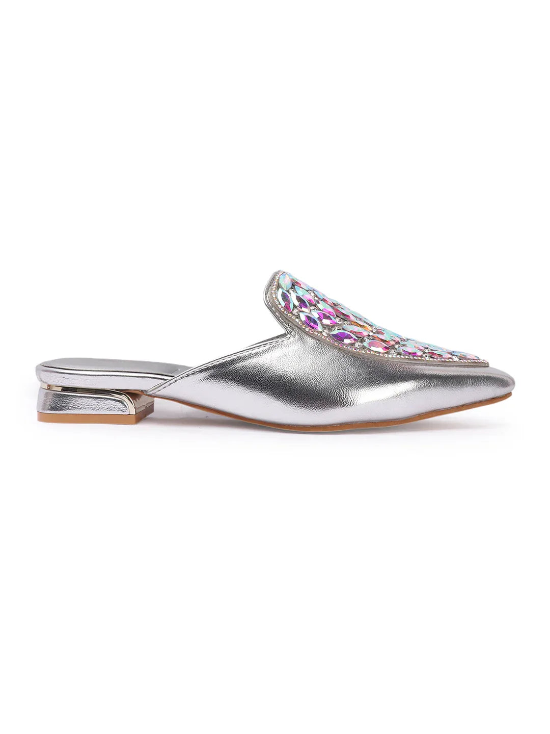 Crystal Embellished Pointed Toe Mule Flats