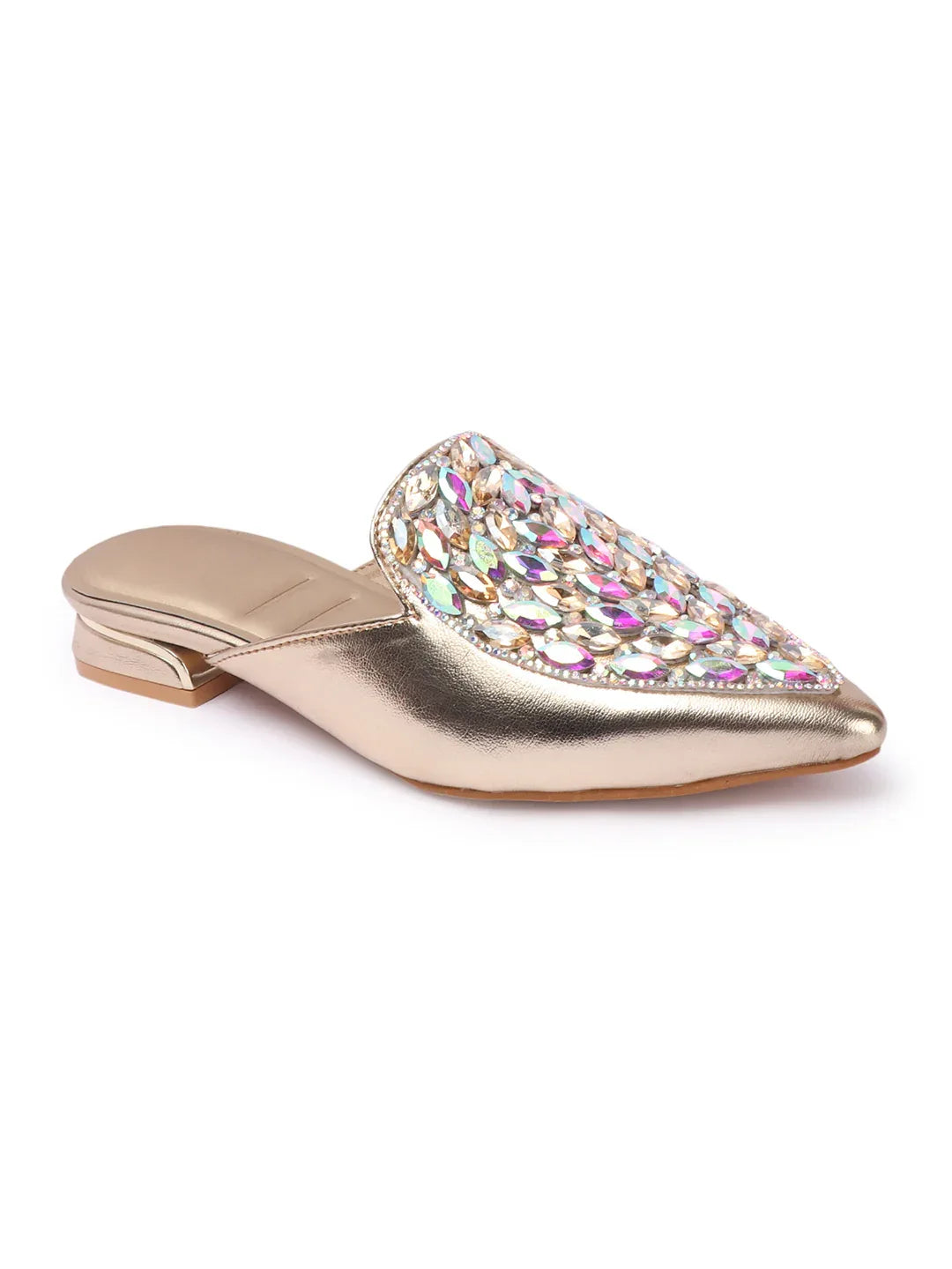 Crystal Embellished Pointed Toe Mule Flats