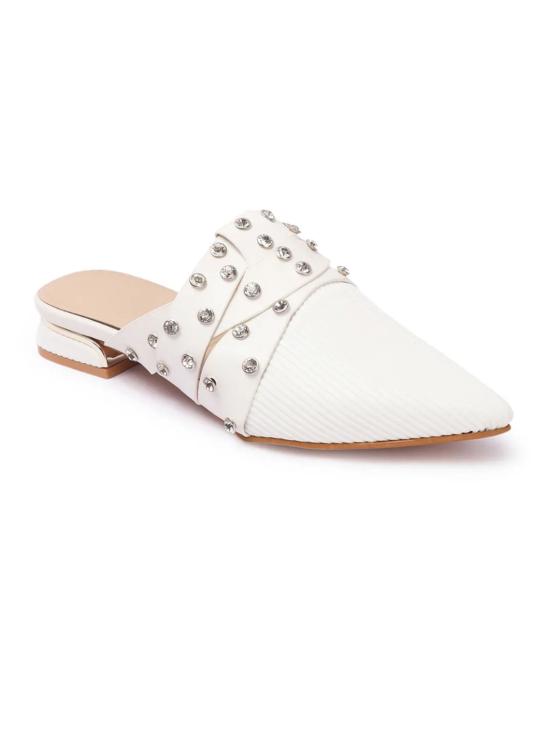 Textured Pointed Toe Studded Slip-On Mules
