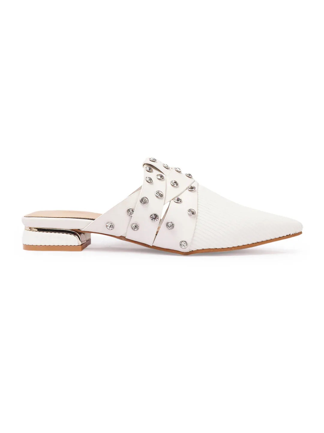 Textured Pointed Toe Studded Slip-On Mules