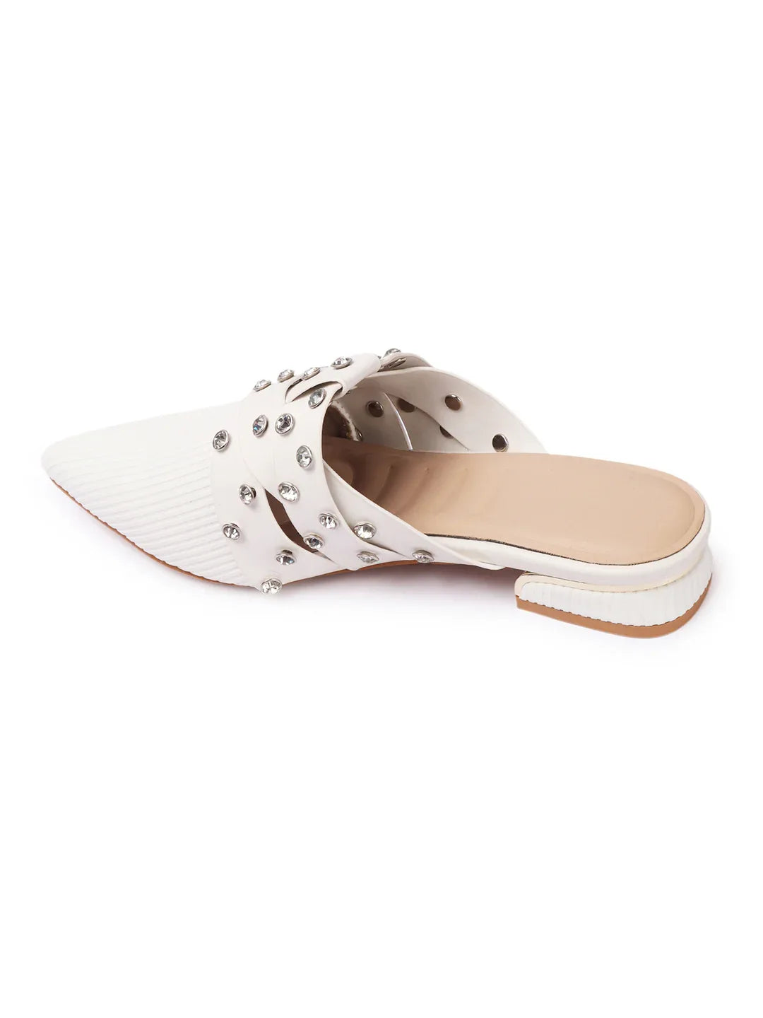 Textured Pointed Toe Studded Slip-On Mules
