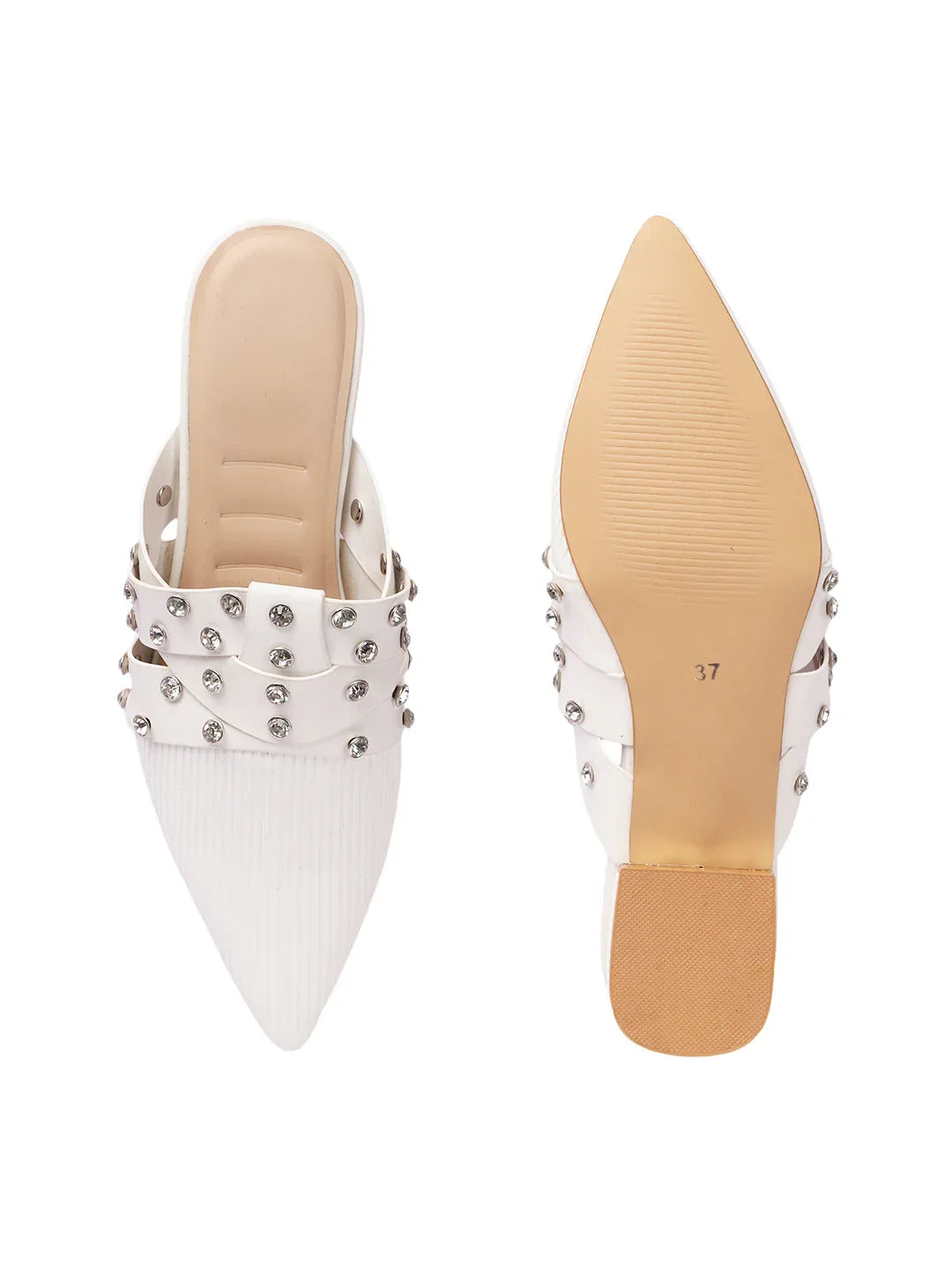 Textured Pointed Toe Studded Slip-On Mules