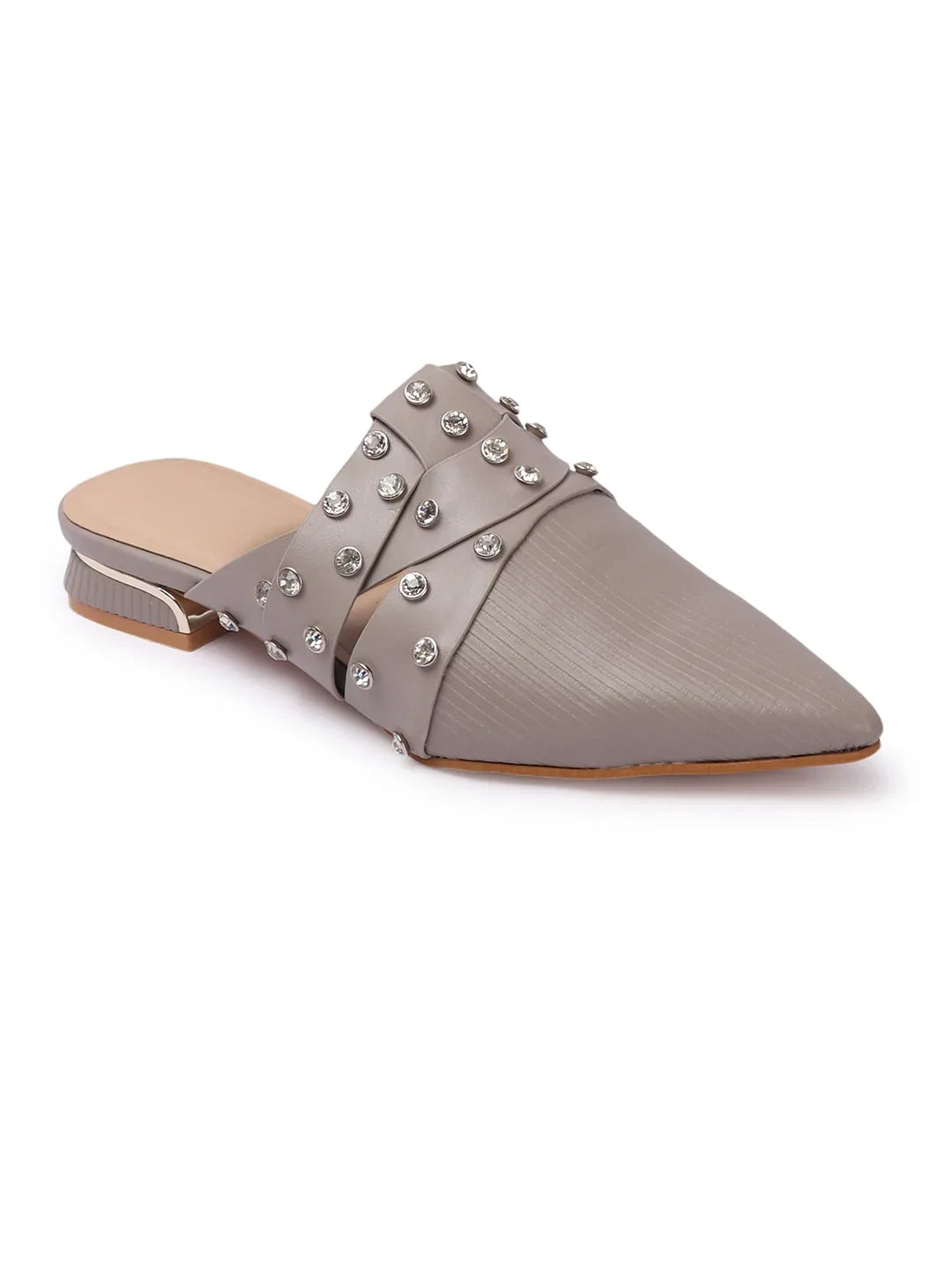 Textured Pointed Toe Studded Slip-On Mules