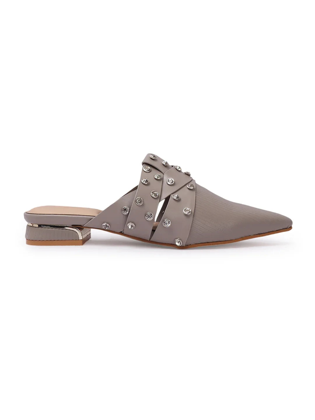 Textured Pointed Toe Studded Slip-On Mules