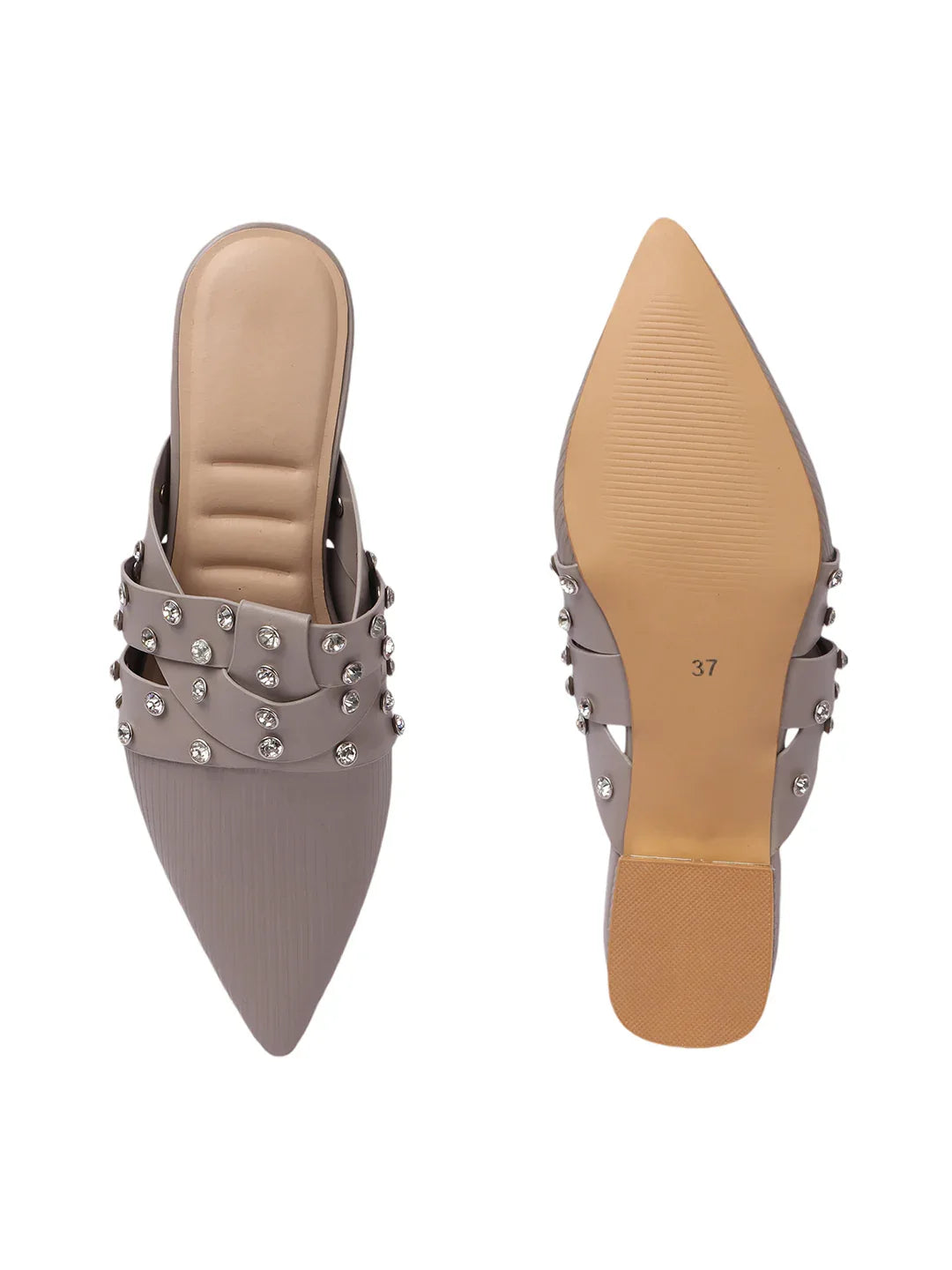 Textured Pointed Toe Studded Slip-On Mules