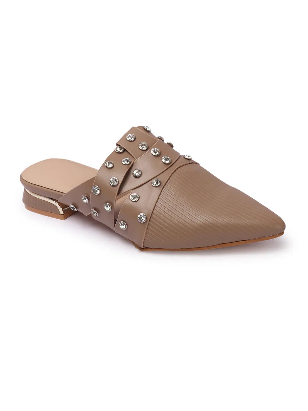 Textured Pointed Toe Studded Slip-On Mules