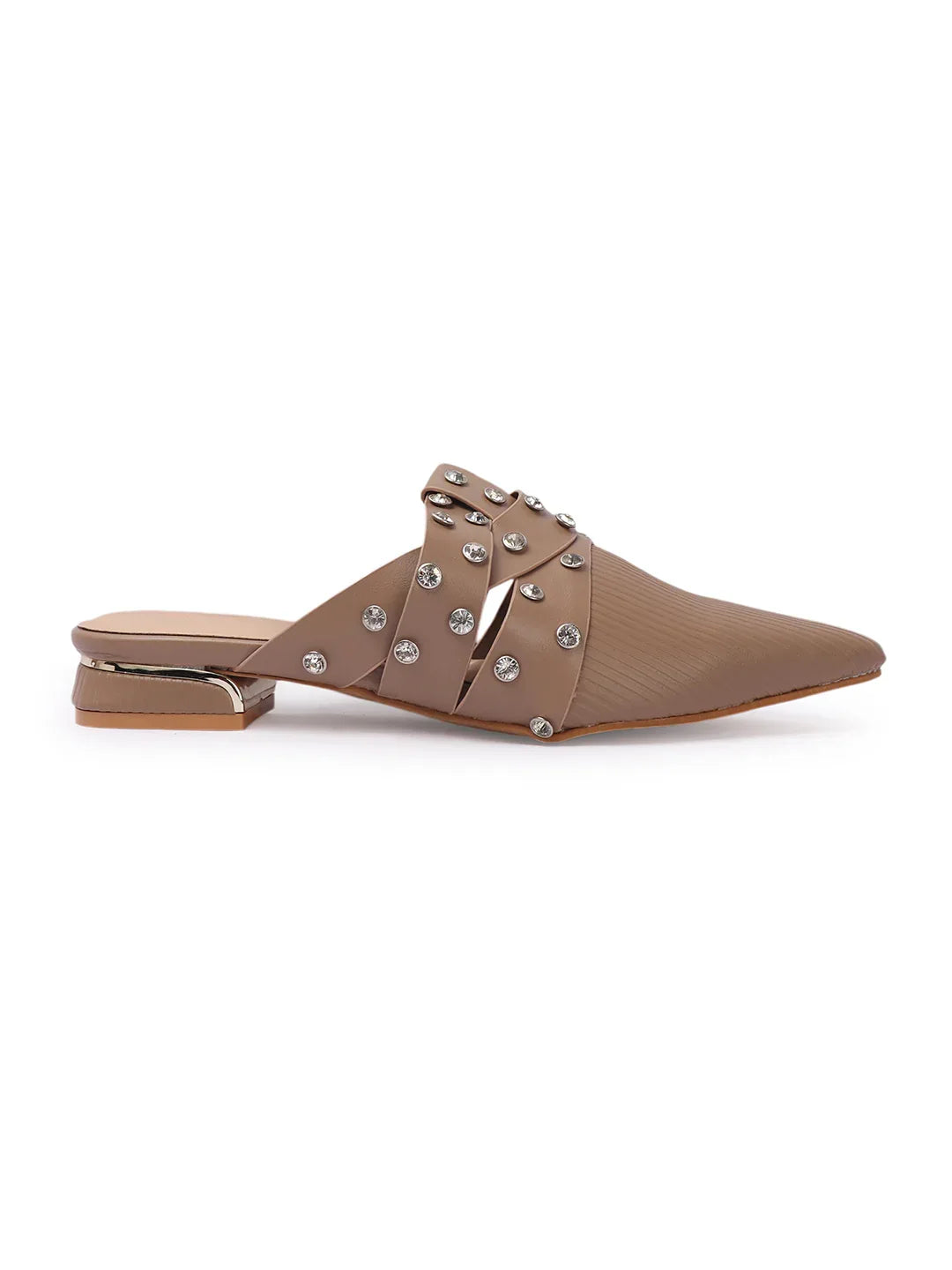 Textured Pointed Toe Studded Slip-On Mules
