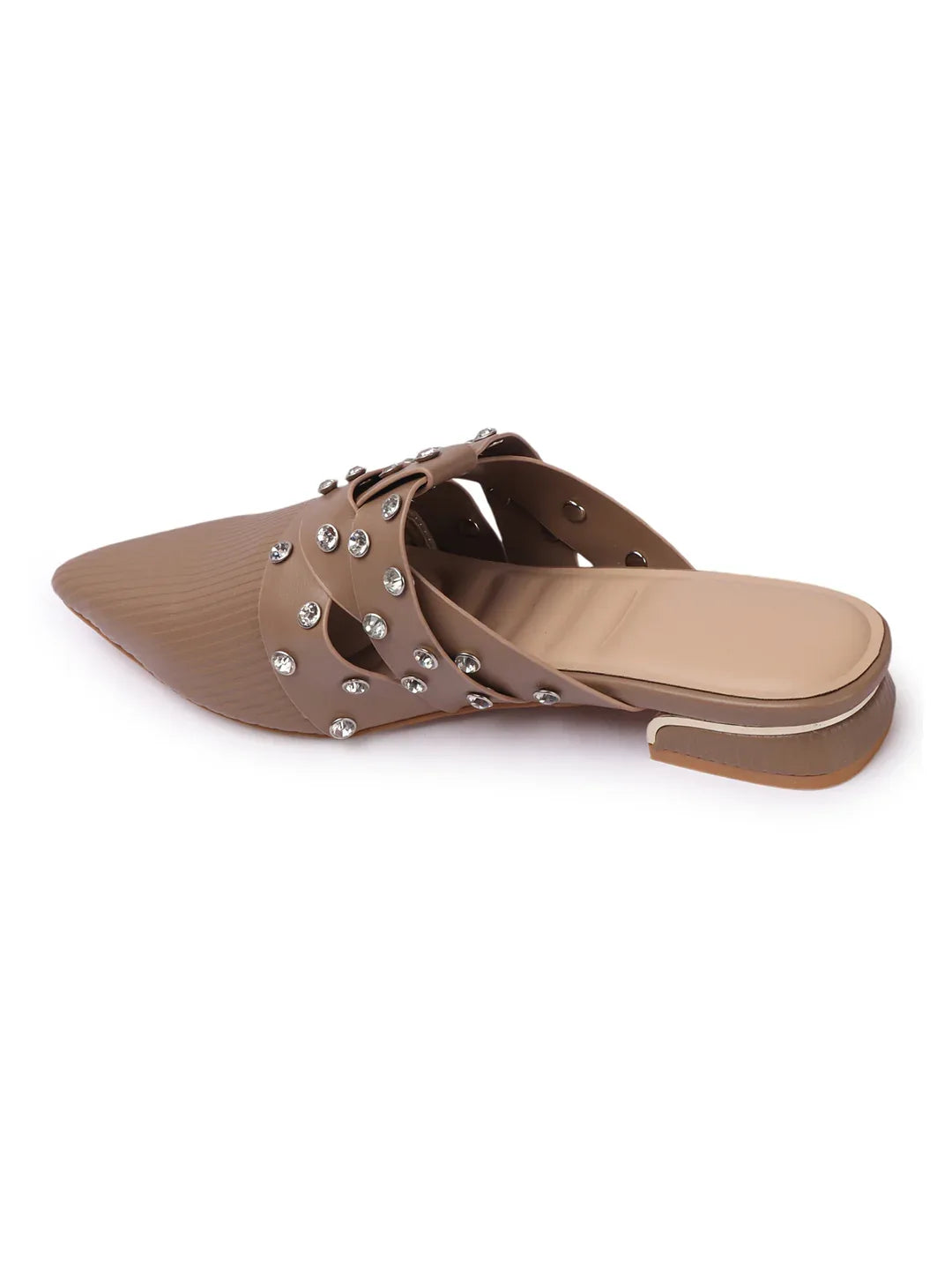 Textured Pointed Toe Studded Slip-On Mules