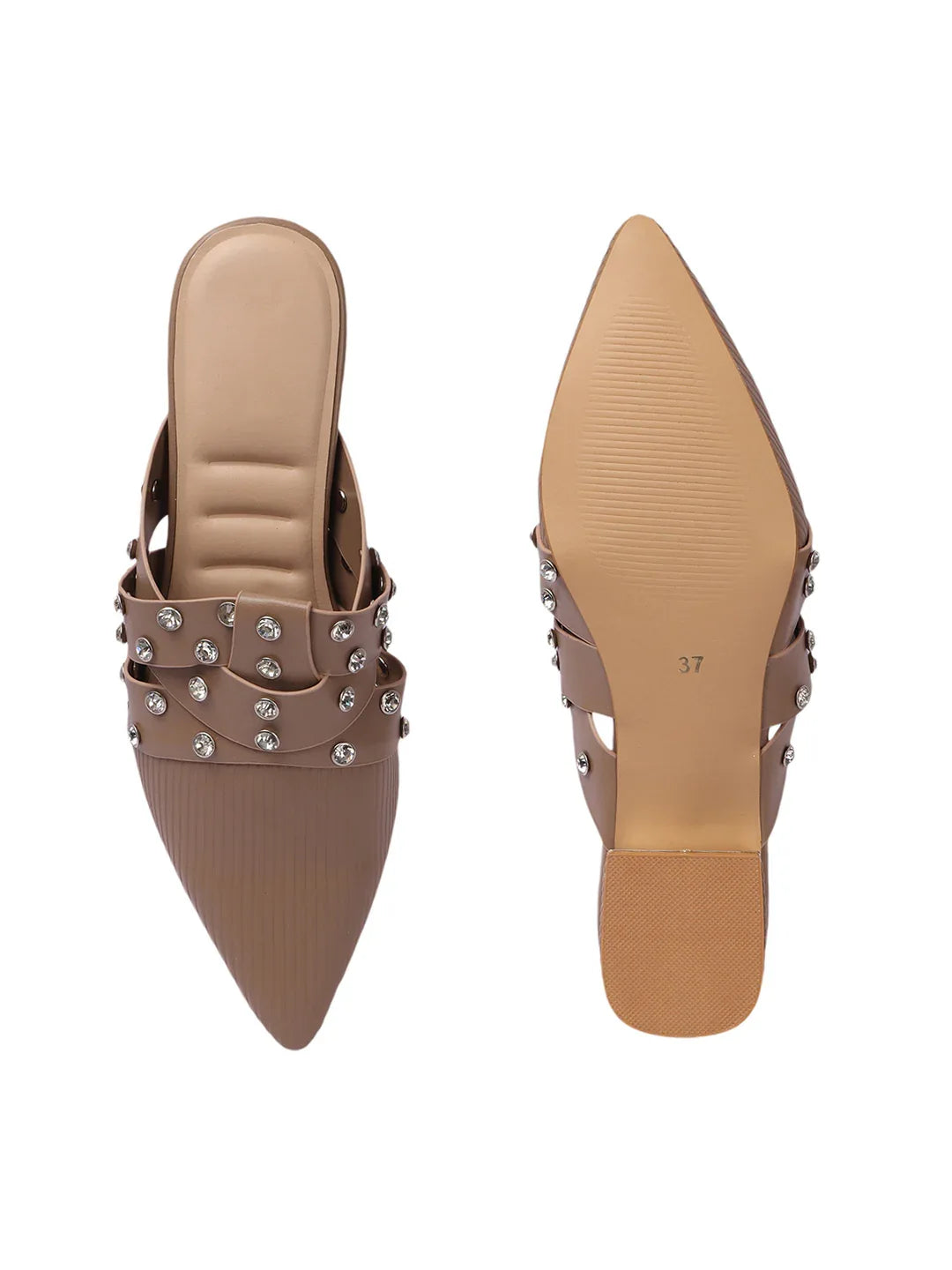 Textured Pointed Toe Studded Slip-On Mules