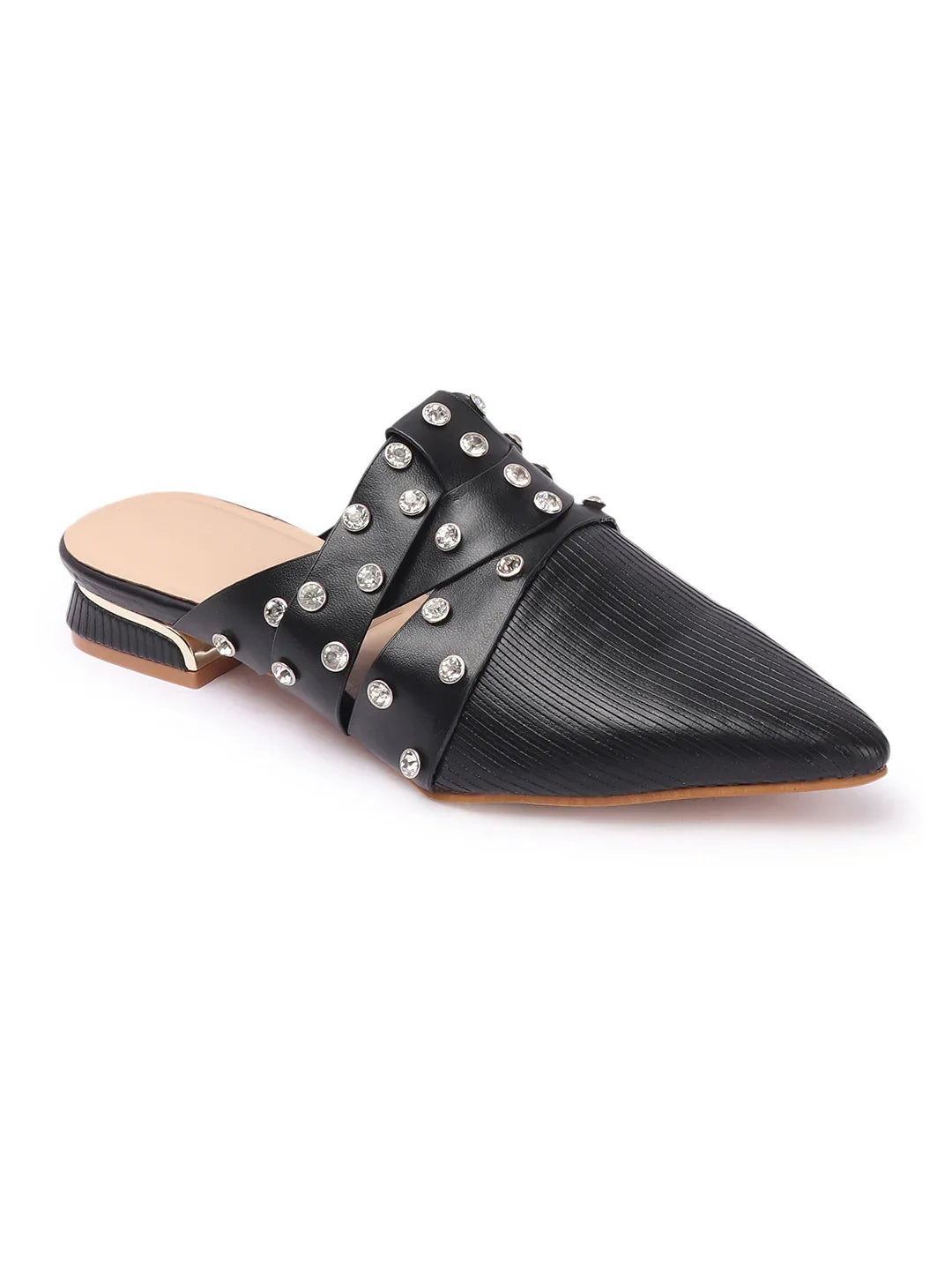 Textured Pointed Toe Studded Slip-On Mules