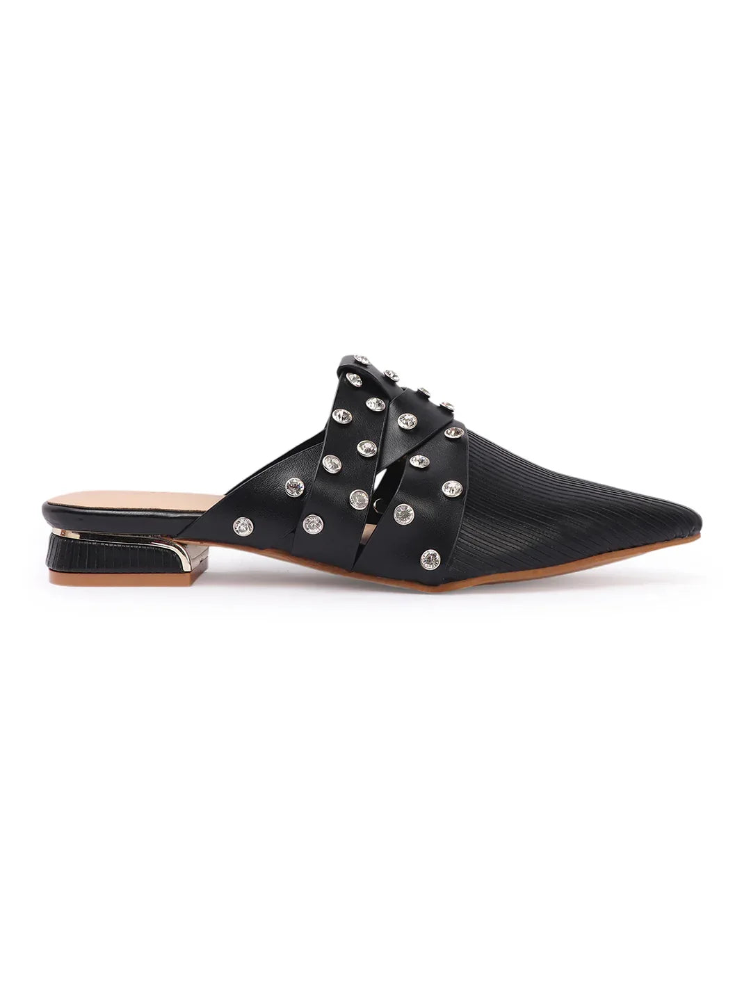 Textured Pointed Toe Studded Slip-On Mules