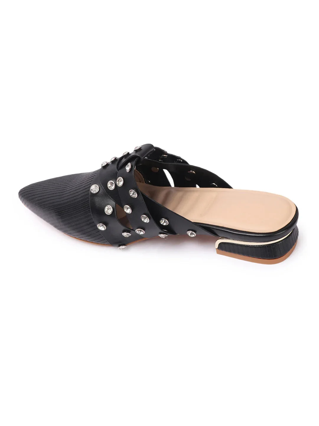 Textured Pointed Toe Studded Slip-On Mules