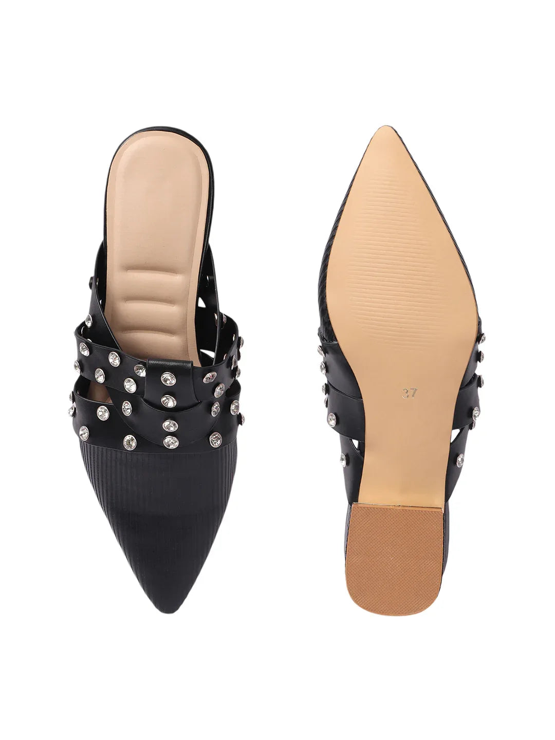 Textured Pointed Toe Studded Slip-On Mules