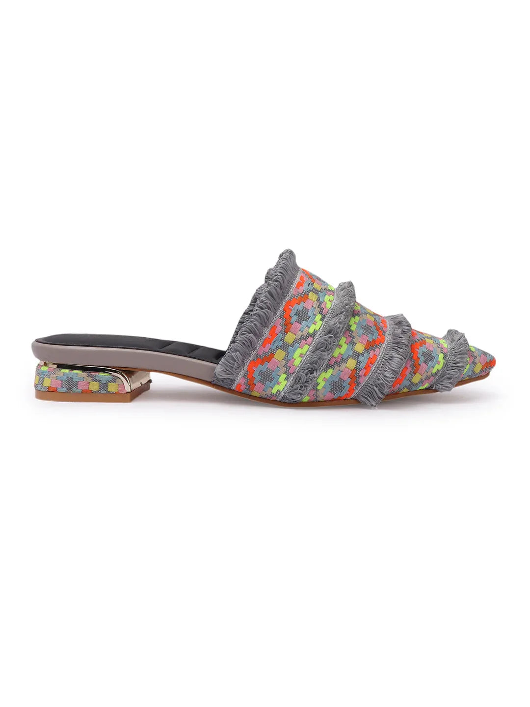 Ethnic Print Pointed Toe Mule with Fringe Accents