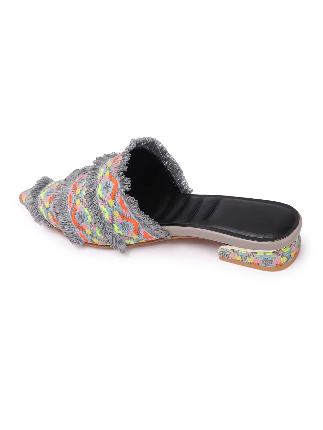Ethnic Print Pointed Toe Mule with Fringe Accents