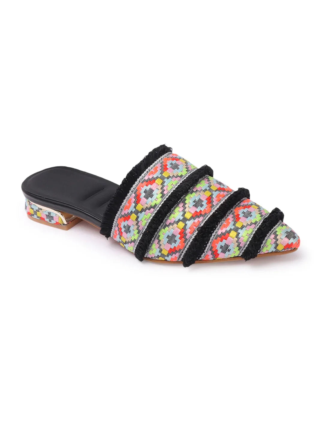 Ethnic Print Pointed Toe Mule with Fringe Accents