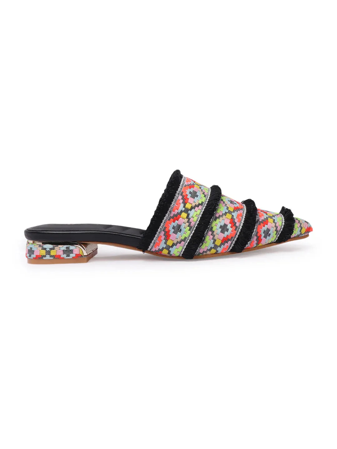 Ethnic Print Pointed Toe Mule with Fringe Accents