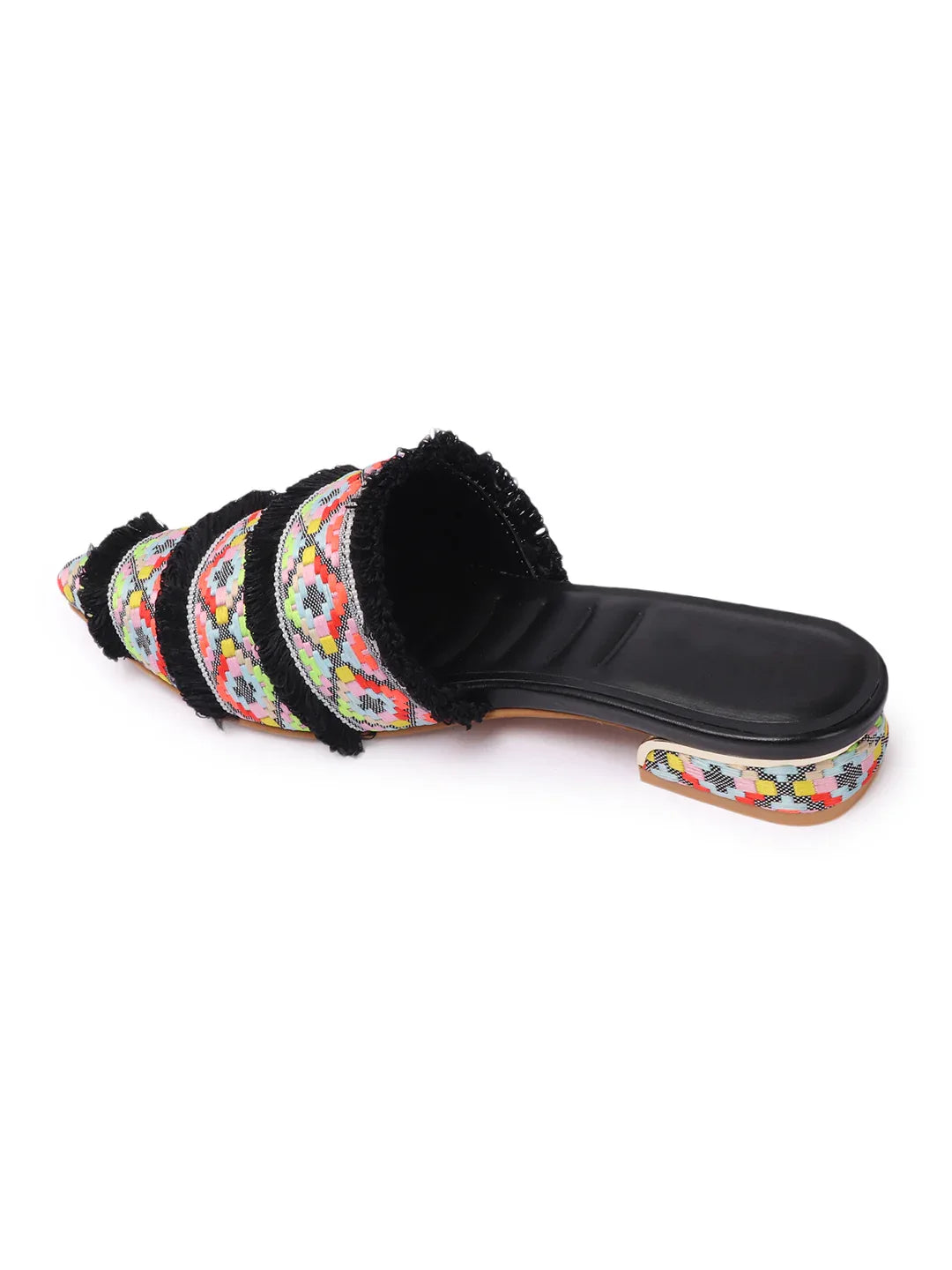 Ethnic Print Pointed Toe Mule with Fringe Accents
