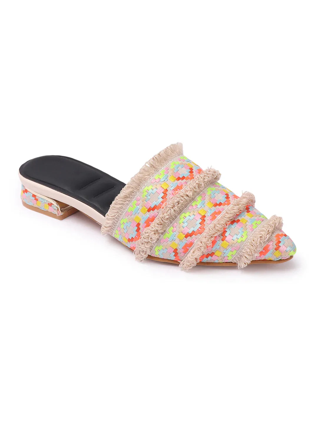 Ethnic Print Pointed Toe Mule with Fringe Accents