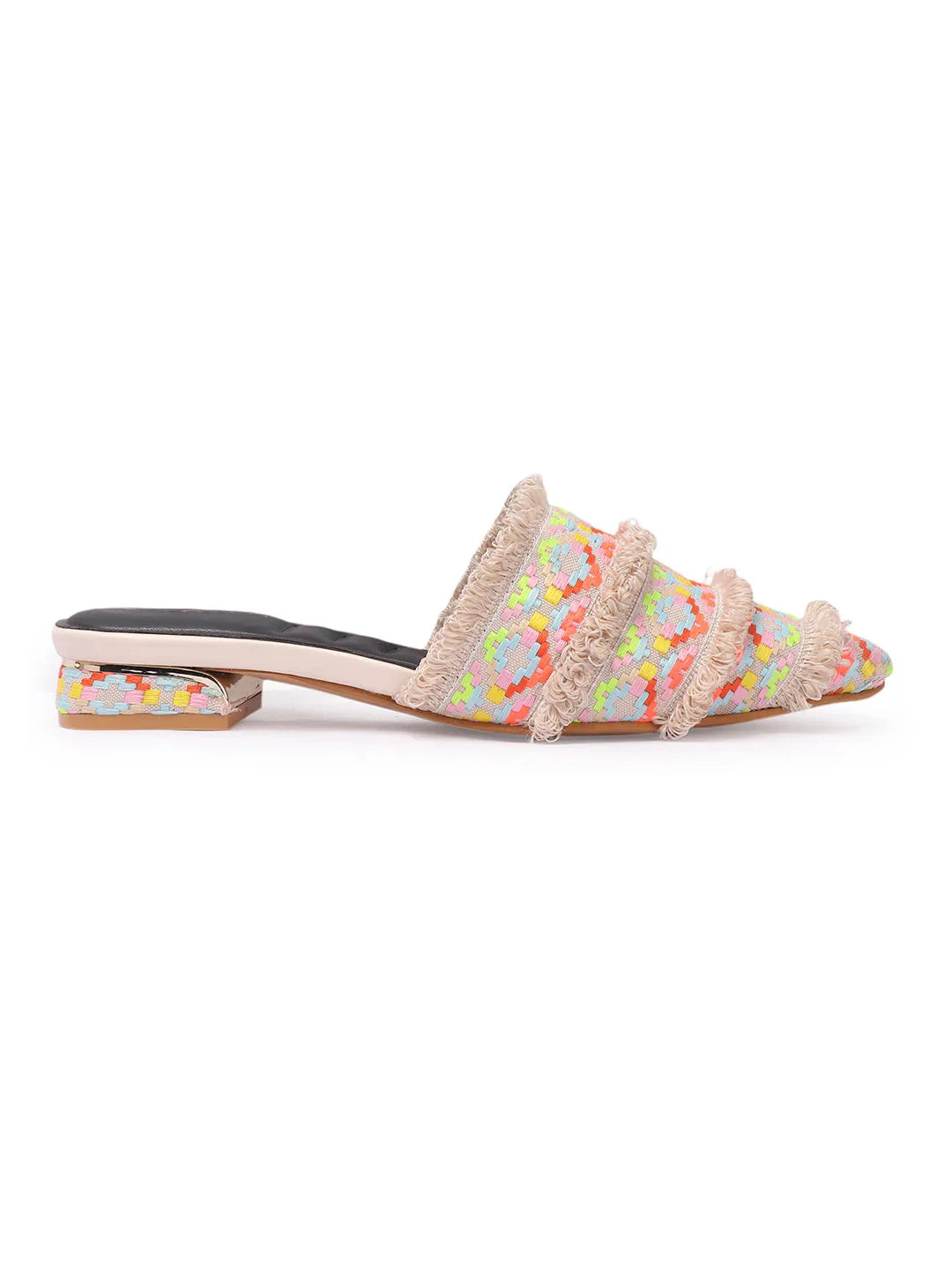 Ethnic Print Pointed Toe Mule with Fringe Accents