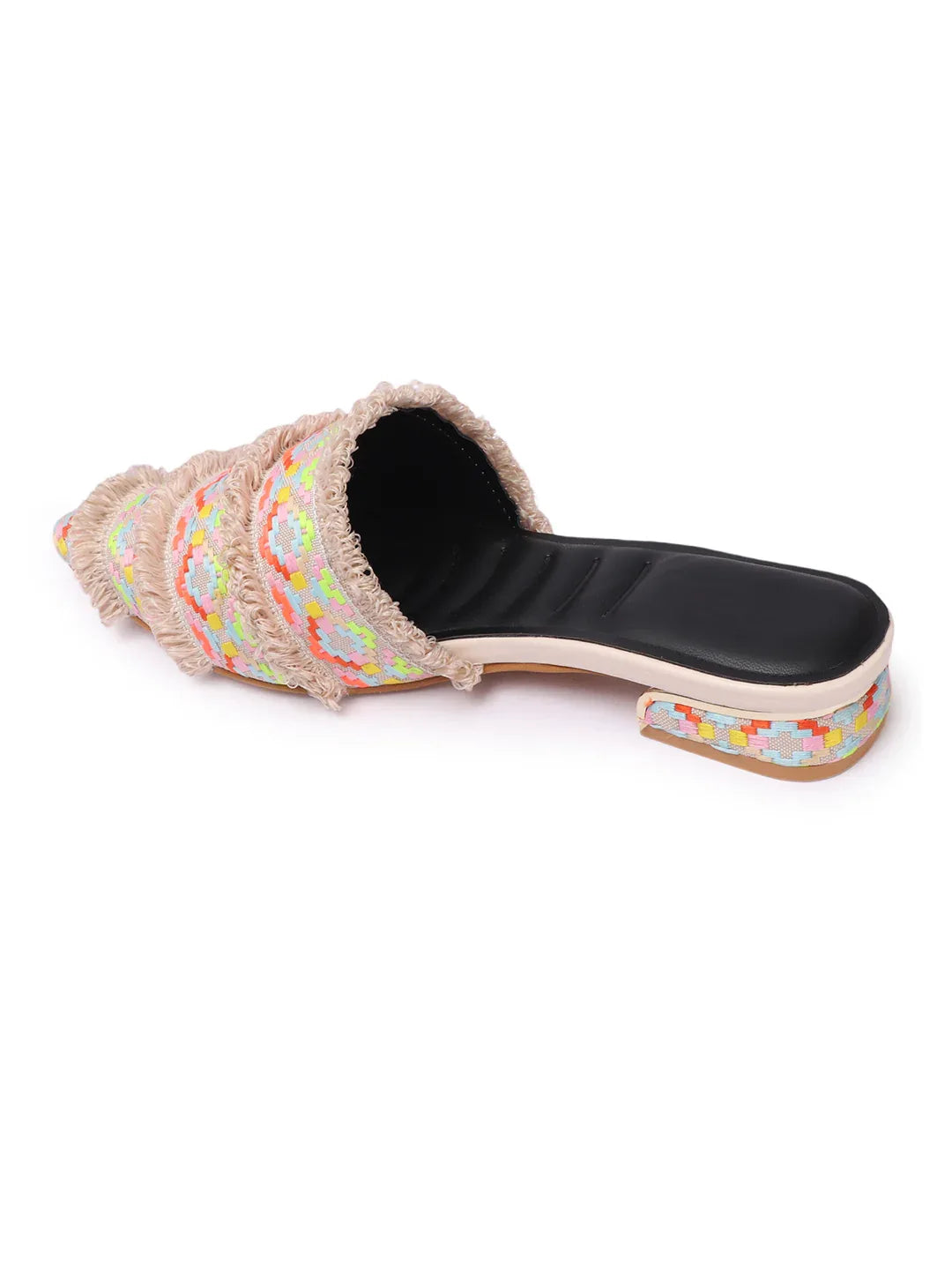 Ethnic Print Pointed Toe Mule with Fringe Accents