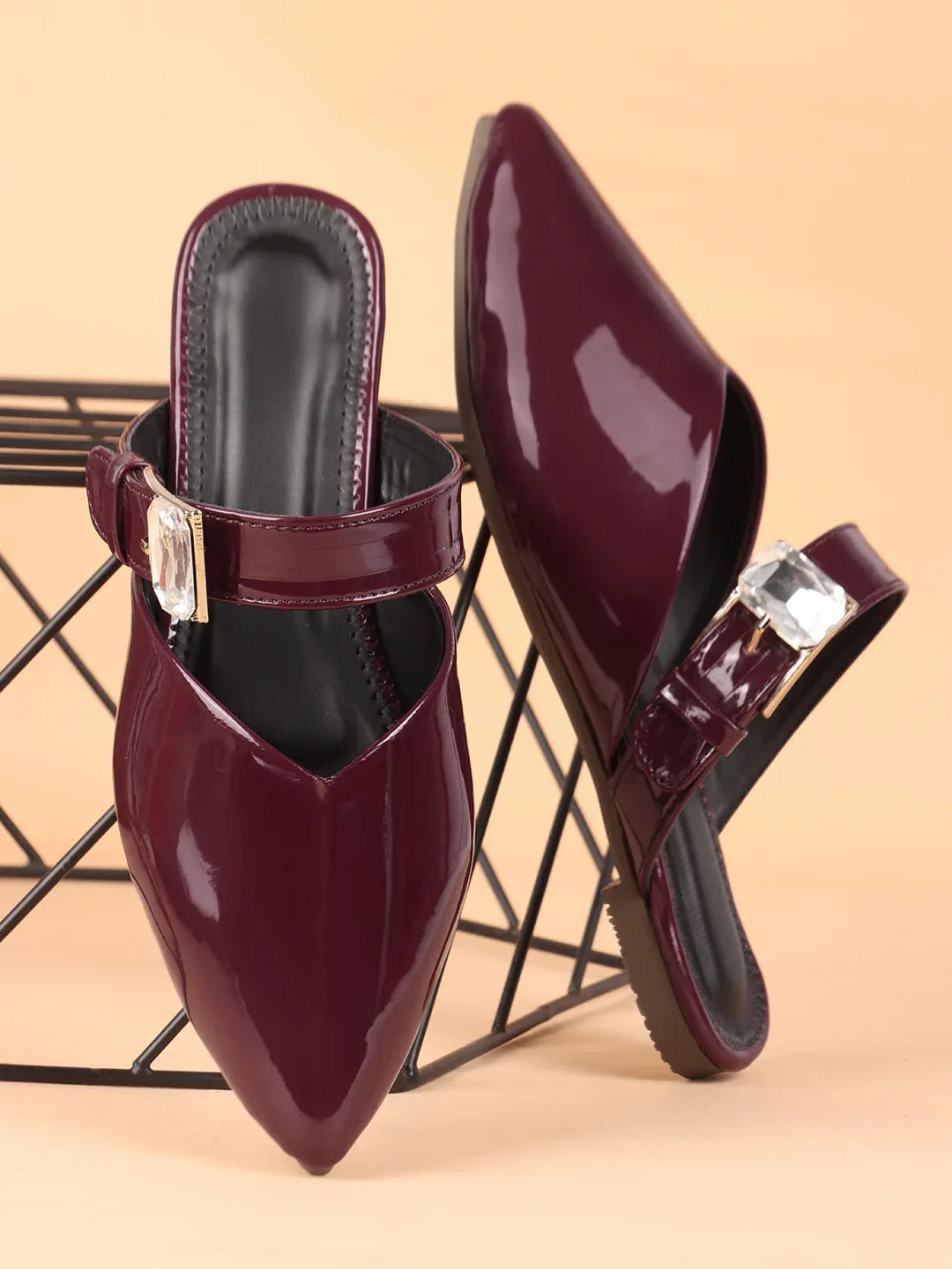 Gloss Finish Crystal Strap Pointed Toe Mules