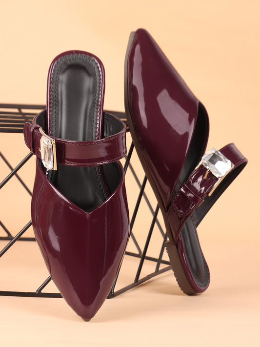 Gloss Finish Crystal Strap Pointed Toe Mules